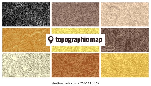 Colorful topographic map with contour lines. Geographic terrain grid, relief height elevation. Ground path pattern. Travel and navigation, cartography design element. Vector illustration