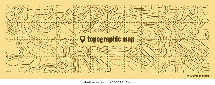 Colorful topographic map with contour lines. Geographic terrain grid, relief height elevation. Ground path pattern. Travel and navigation, cartography design element. Vector illustration