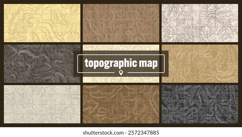 Colorful topographic map with contour lines. Geographic terrain grid, relief height elevation. Ground path pattern. Travel and navigation, cartography design element. Vector illustration
