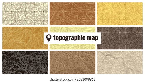 Colorful topographic map with contour lines. Geographic terrain grid, relief height elevation. Ground path pattern. Travel and navigation, cartography design element. Vector illustration