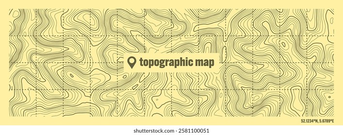 Colorful topographic map with contour lines. Geographic terrain grid, relief height elevation. Ground path pattern. Travel and navigation, cartography design element. Vector illustration