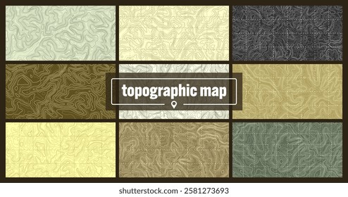 Colorful topographic map with contour lines. Geographic terrain grid, relief height elevation. Ground path pattern. Travel and navigation, cartography design element. Vector illustration