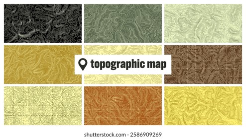 Colorful topographic map with contour lines. Geographic terrain grid, relief height elevation. Ground path pattern. Travel and navigation, cartography design element. Vector illustration