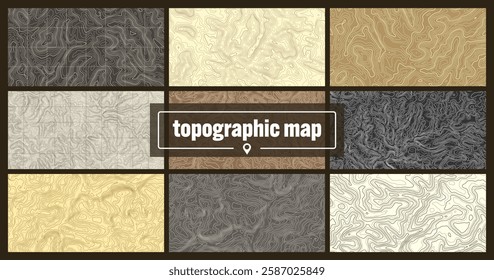 Colorful topographic map with contour lines. Geographic terrain grid, relief height elevation. Ground path pattern. Travel and navigation, cartography design element. Vector illustration