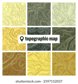 Colorful topographic map with contour lines. Geographic terrain grid, relief height elevation. Ground path pattern. Travel and navigation, cartography design element. Vector illustration