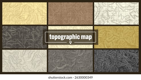 Mapa topográfico colorido com linhas de contorno. Grade do terreno geográfico, elevação da altura do relevo. Padrão de caminho de terra. Viagens e navegação, elemento de design cartográfico. Ilustração vetorial