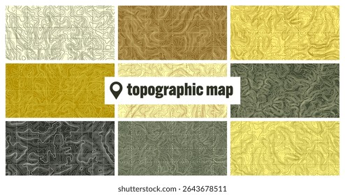 Mapa topográfico colorido com linhas de contorno. Grade do terreno geográfico, elevação da altura do relevo. Padrão de caminho de terra. Viagens e navegação, elemento de design cartográfico. Ilustração vetorial