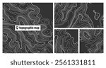 Colorful topographic map sets with contour lines. Geographic terrain grid, relief height elevation. Ground path pattern. Travel and navigation, cartography design element. Vector illustration