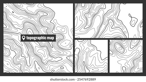 Colorful topographic map sets with contour lines. Geographic terrain grid, relief height elevation. Ground path pattern. Travel and navigation, cartography design element. Vector illustration