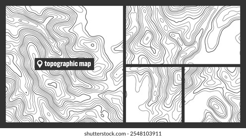 Colorful topographic map sets with contour lines. Geographic terrain grid, relief height elevation. Ground path pattern. Travel and navigation, cartography design element. Vector illustration