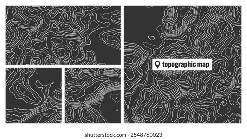 Colorful topographic map sets with contour lines. Geographic terrain grid, relief height elevation. Ground path pattern. Travel and navigation, cartography design element. Vector illustration