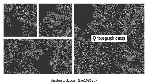 Colorful topographic map sets with contour lines. Geographic terrain grid, relief height elevation. Ground path pattern. Travel and navigation, cartography design element. Vector illustration