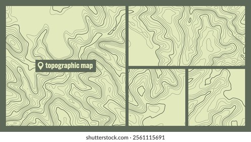 Colorful topographic map sets with contour lines. Geographic terrain grid, relief height elevation. Ground path pattern. Travel and navigation, cartography design element. Vector illustration