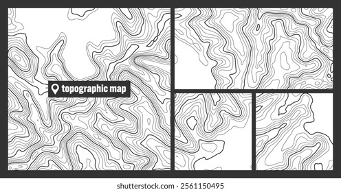 Colorful topographic map sets with contour lines. Geographic terrain grid, relief height elevation. Ground path pattern. Travel and navigation, cartography design element. Vector illustration