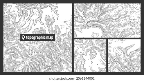 Colorful topographic map sets with contour lines. Geographic terrain grid, relief height elevation. Ground path pattern. Travel and navigation, cartography design element. Vector illustration