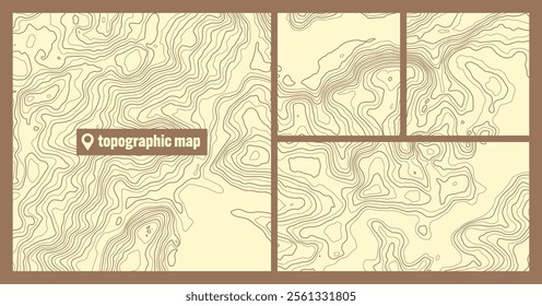 Colorful topographic map sets with contour lines. Geographic terrain grid, relief height elevation. Ground path pattern. Travel and navigation, cartography design element. Vector illustration