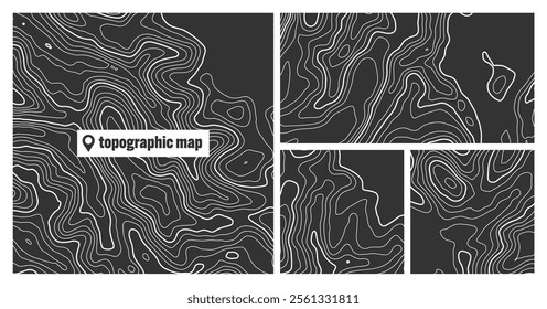 Colorful topographic map sets with contour lines. Geographic terrain grid, relief height elevation. Ground path pattern. Travel and navigation, cartography design element. Vector illustration