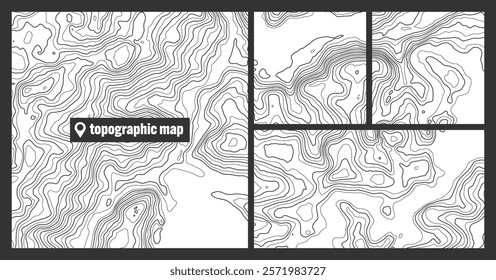 Colorful topographic map sets with contour lines. Geographic terrain grid, relief height elevation. Ground path pattern. Travel and navigation, cartography design element. Vector illustration