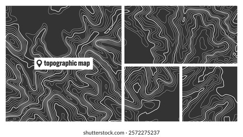 Colorful topographic map sets with contour lines. Geographic terrain grid, relief height elevation. Ground path pattern. Travel and navigation, cartography design element. Vector illustration