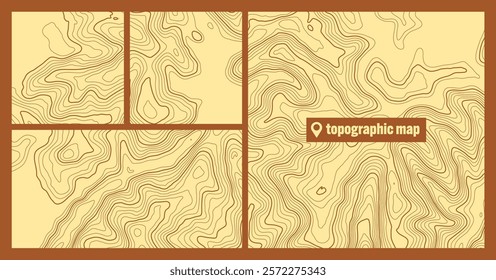 Colorful topographic map sets with contour lines. Geographic terrain grid, relief height elevation. Ground path pattern. Travel and navigation, cartography design element. Vector illustration