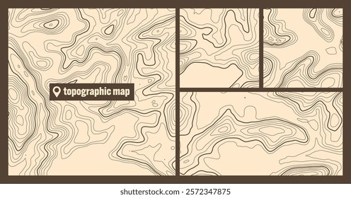 Colorful topographic map sets with contour lines. Geographic terrain grid, relief height elevation. Ground path pattern. Travel and navigation, cartography design element. Vector illustration