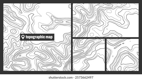 Colorful topographic map sets with contour lines. Geographic terrain grid, relief height elevation. Ground path pattern. Travel and navigation, cartography design element. Vector illustration