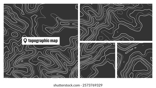 Colorful topographic map sets with contour lines. Geographic terrain grid, relief height elevation. Ground path pattern. Travel and navigation, cartography design element. Vector illustration