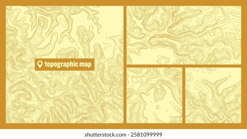 Colorful topographic map sets with contour lines. Geographic terrain grid, relief height elevation. Ground path pattern. Travel and navigation, cartography design element. Vector illustration