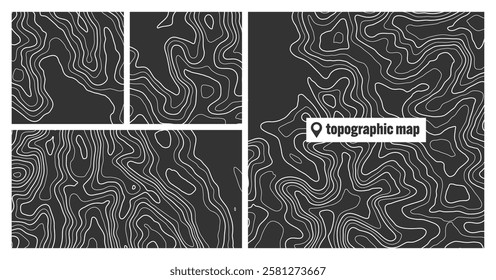 Colorful topographic map sets with contour lines. Geographic terrain grid, relief height elevation. Ground path pattern. Travel and navigation, cartography design element. Vector illustration