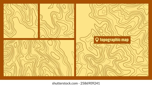 Colorful topographic map sets with contour lines. Geographic terrain grid, relief height elevation. Ground path pattern. Travel and navigation, cartography design element. Vector illustration