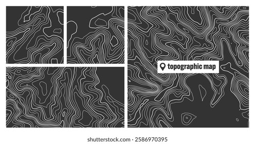 Colorful topographic map sets with contour lines. Geographic terrain grid, relief height elevation. Ground path pattern. Travel and navigation, cartography design element. Vector illustration