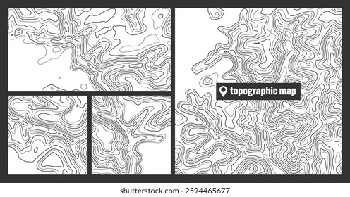 Colorful topographic map sets with contour lines. Geographic terrain grid, relief height elevation. Ground path pattern. Travel and navigation, cartography design element. Vector illustration