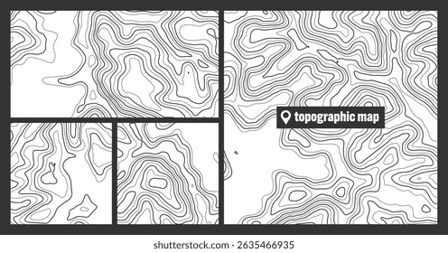 Colorful topographic map sets with contour lines. Geographic terrain grid, relief height elevation. Ground path pattern. Travel and navigation, cartography design element. Vector illustration