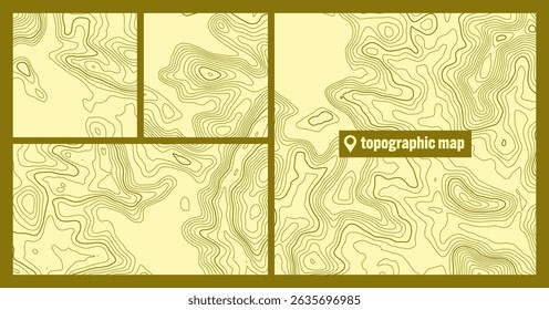 Conjuntos topográficos coloridos com linhas de contorno. Grade do terreno geográfico, elevação da altura do relevo. Padrão de caminho de terra. Viagens e navegação, elemento de design cartográfico. Ilustração vetorial