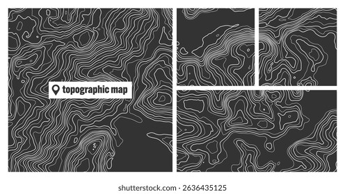 Conjuntos topográficos coloridos com linhas de contorno. Grade do terreno geográfico, elevação da altura do relevo. Padrão de caminho de terra. Viagens e navegação, elemento de design cartográfico. Ilustração vetorial