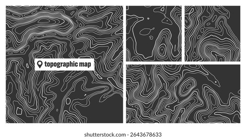 Conjuntos topográficos coloridos com linhas de contorno. Grade do terreno geográfico, elevação da altura do relevo. Padrão de caminho de terra. Viagens e navegação, elemento de design cartográfico. Ilustração vetorial