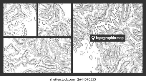 Conjuntos topográficos coloridos com linhas de contorno. Grade do terreno geográfico, elevação da altura do relevo. Padrão de caminho de terra. Viagens e navegação, elemento de design cartográfico. Ilustração vetorial