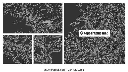 Conjuntos topográficos coloridos com linhas de contorno. Grade do terreno geográfico, elevação da altura do relevo. Padrão de caminho de terra. Viagens e navegação, elemento de design cartográfico. Ilustração vetorial