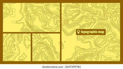 Conjuntos topográficos coloridos com linhas de contorno. Grade do terreno geográfico, elevação da altura do relevo. Padrão de caminho de terra. Viagens e navegação, elemento de design cartográfico. Ilustração vetorial