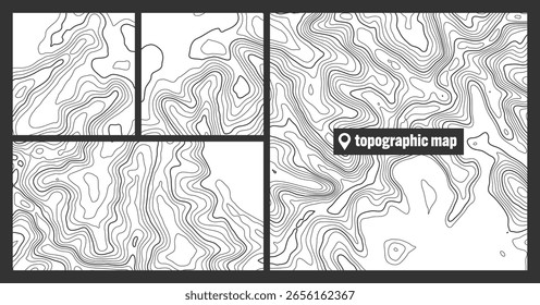 Conjuntos topográficos coloridos com linhas de contorno. Grade do terreno geográfico, elevação da altura do relevo. Padrão de caminho de terra. Viagens e navegação, elemento de design cartográfico. Ilustração vetorial