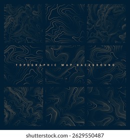 Mapas topográficos coloridos com linhas de contorno. Grade do terreno geográfico, elevação da altura do relevo. Padrão de caminho de terra. Viagens e navegação, elemento de design cartográfico. Ilustração vetorial
