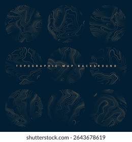 Colorful topographic maps with contour lines. Geographic terrain grid, relief height elevation. Ground path pattern. Travel and navigation, cartography design element. Vector illustration