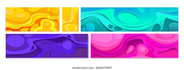 Colorful topography papercut style vector backgrounds set - vibrant layered paper cut shapes of abstract wavy forms. Bright yellow, green, purple and pink colors modern origami graphic design banners.