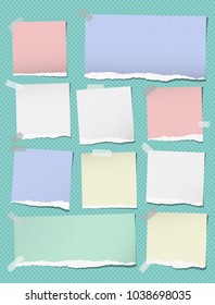 Colorful torn note, notebook paper pieces for text stuck on tuquoise squared background. Vector illustration.