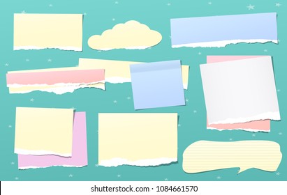 Colorful torn note, notebook paper pieces for text, speech bubble stuck on turquoise background with stars. Vector illustration.