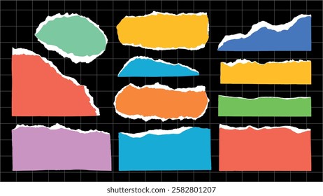 Colorful torn paper pieces on a black grid background. Torn paper in various shapes and colors, including red, blue, green, and yellow. Creative torn paper design. Colorful element vector set.