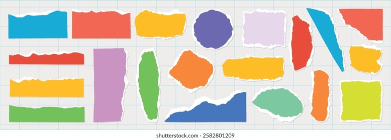 Colorful torn paper pieces on grid background. Torn paper in red, blue, green, yellow, purple. Torn edges create vibrant, colorful collage. Paper art, colorful design. Colorful element vector set.