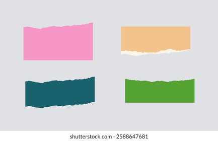 Colorful torn paper pieces on background. Torn paper in red, blue, green, yellow, purple. Torn edges create vibrant, colorful collage. Paper art, colorful design. Colorful element vector set.
