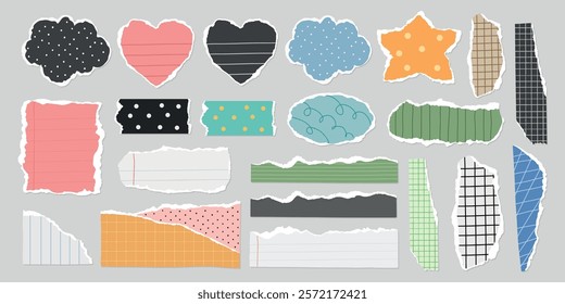 Colorful torn paper pieces in various shapes like hearts, stars, and clouds. Patterns include polka dots, stripes, and grids. Torn paper adds a creative touch. Colorful patterned element vector set.