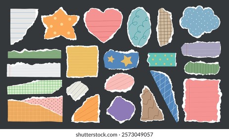 Colorful torn paper pieces, various shapes like stars and hearts, torn paper edges, vibrant colors, torn paper collage, creative torn paper designs. Colorful patterned element vector set.